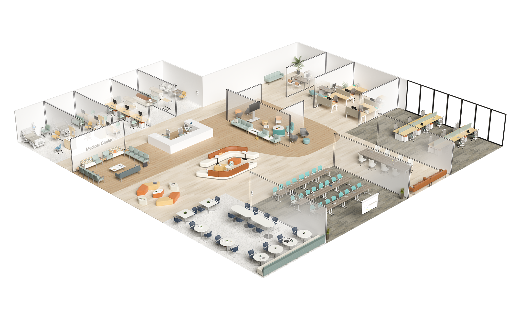 3D clinic layout illustrating medical practice design and operational planning